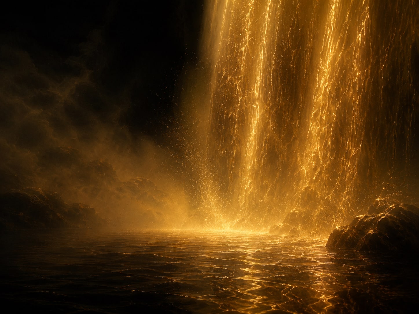 The base of the falls where curtains of falling gold meet deep dark water in rising mist.