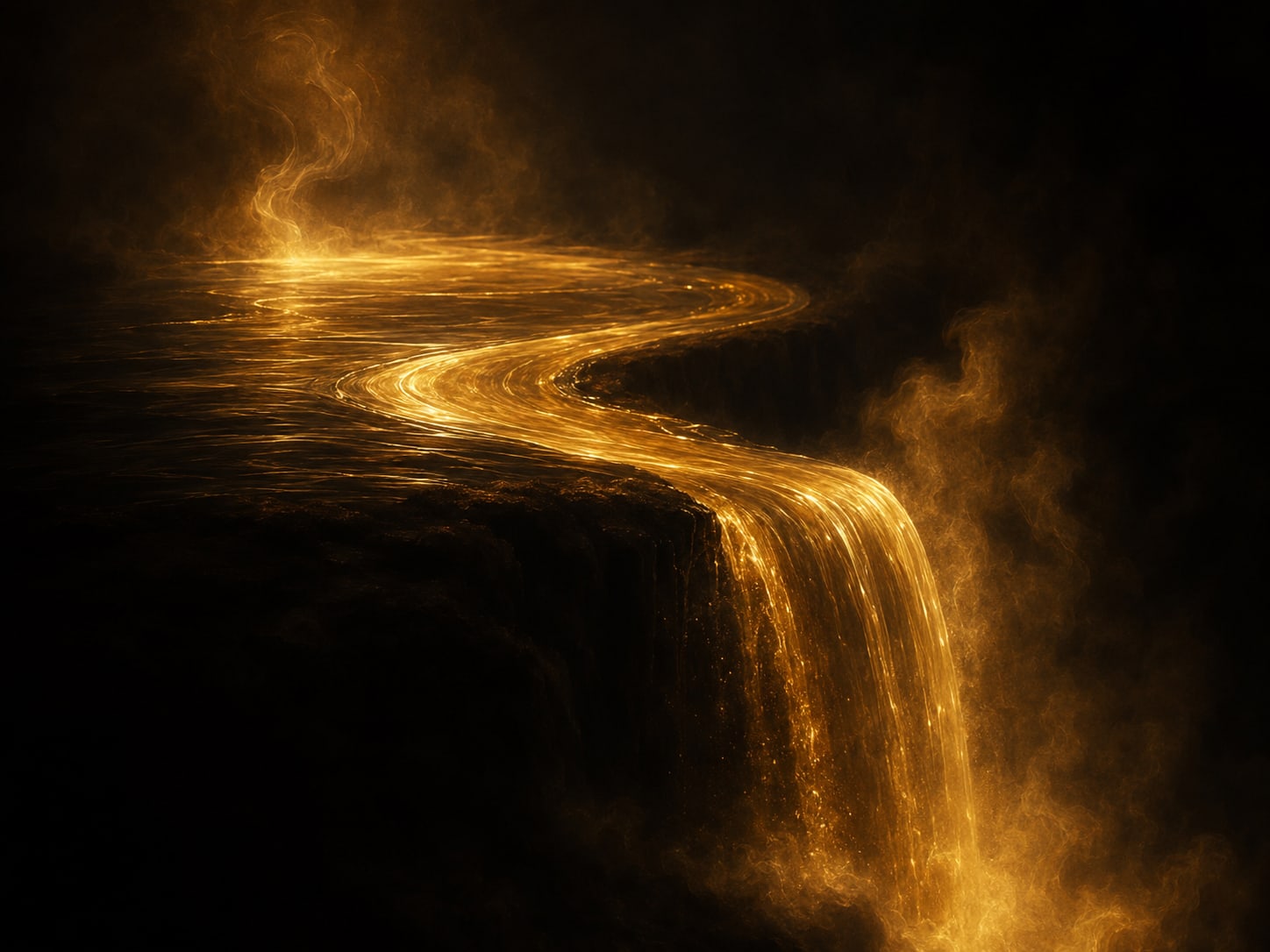 A smooth gold river bending over a dark edge into the beginning of its fall.