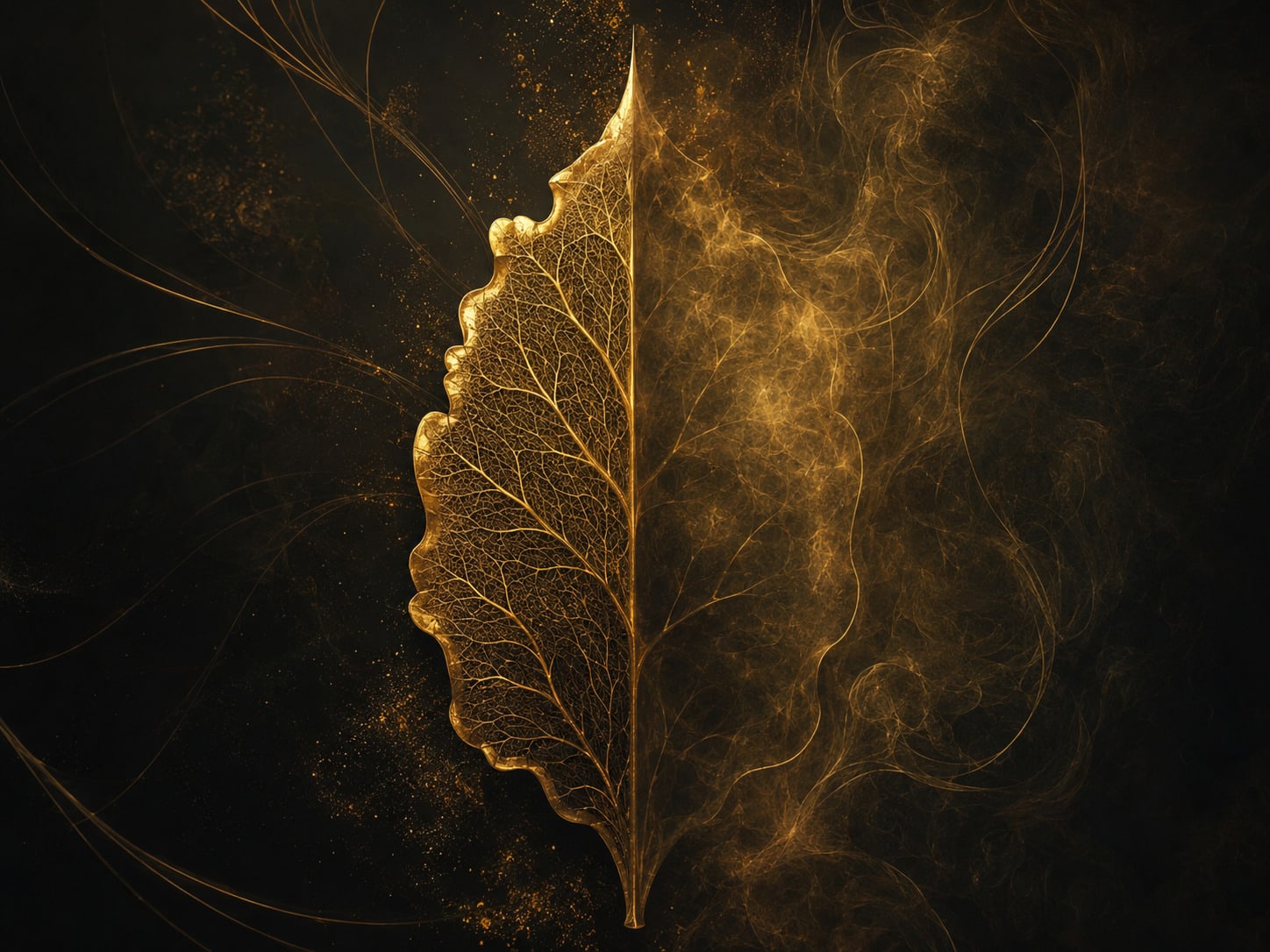 A single gold form whose left half is fully worked and defined while its right half never resolves, thinning away into fine gold smoke.