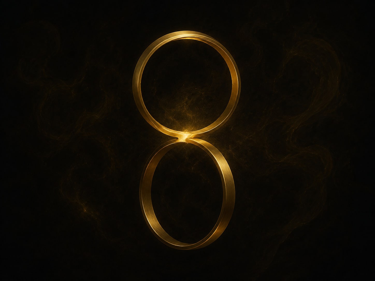 Two plain gold rings interlocked and hanging in darkness, the upper one carrying the weight of the lower one at a single bright contact point.