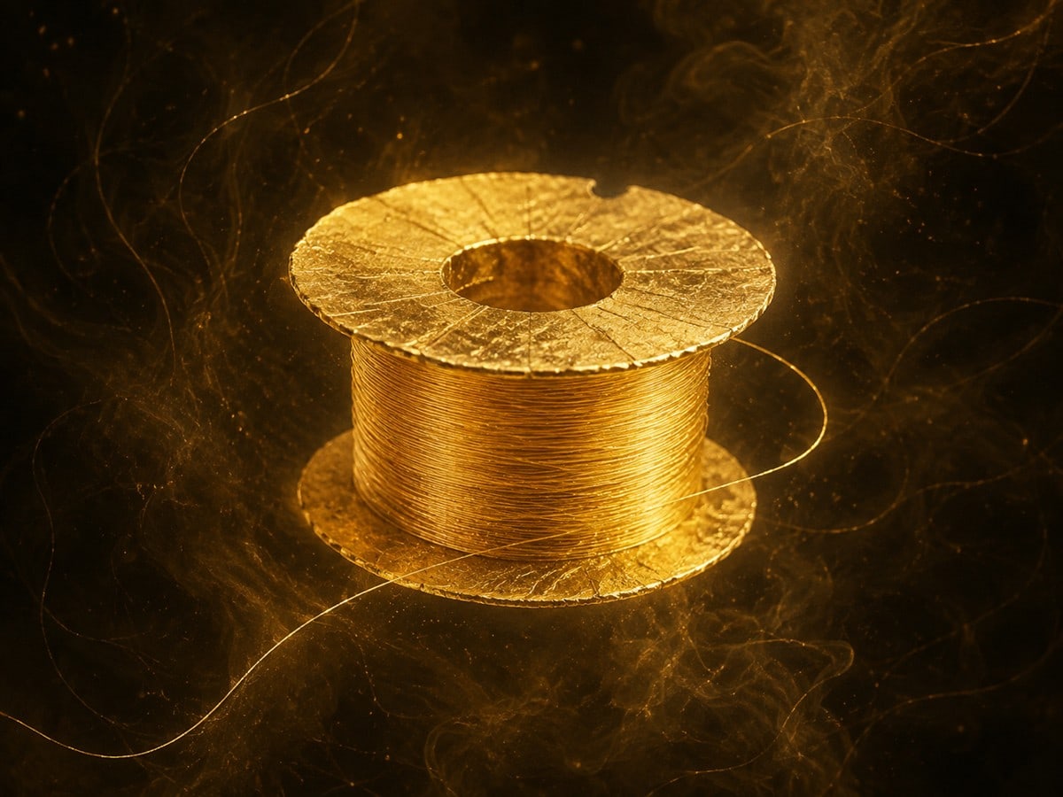 A small glowing gold spool has one fine gold thread looping around it in a dark hazy background.