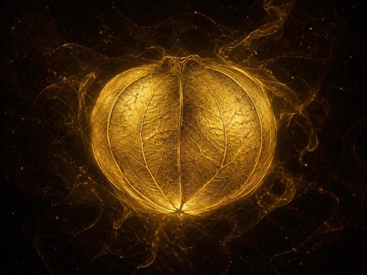 A glowing gold seed-pod form with several softly raised chambers floats in a dark hazy background.