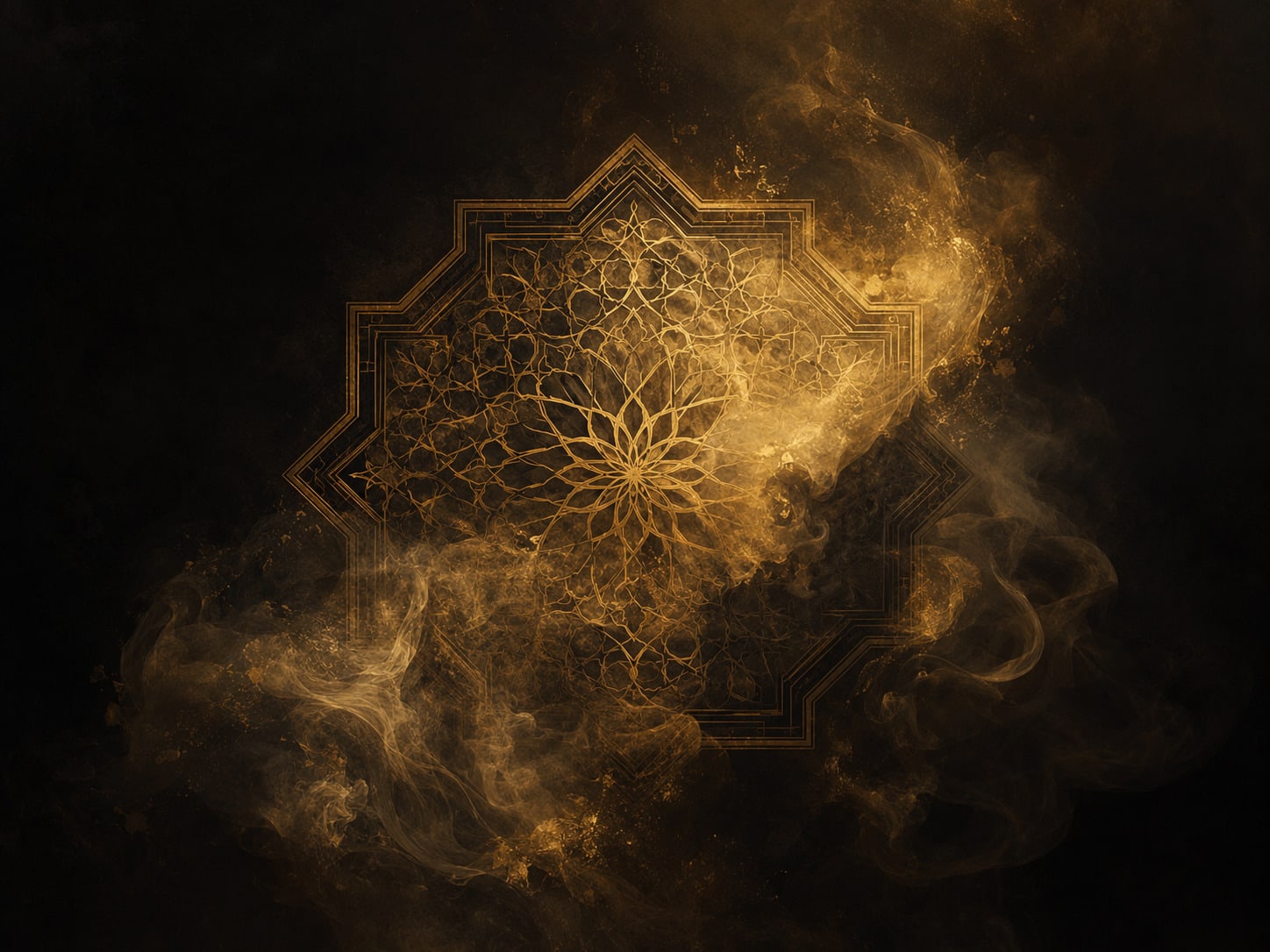 An intricate gold geometric arabesque emerging from smoke.