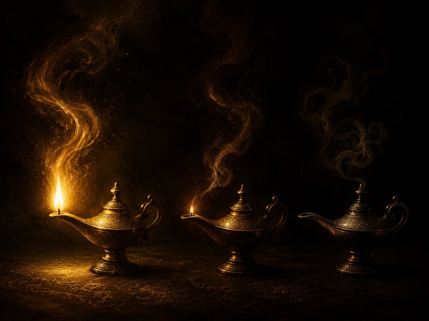 Three gold oil lamps in a row, one bright, one dim, one unlit.