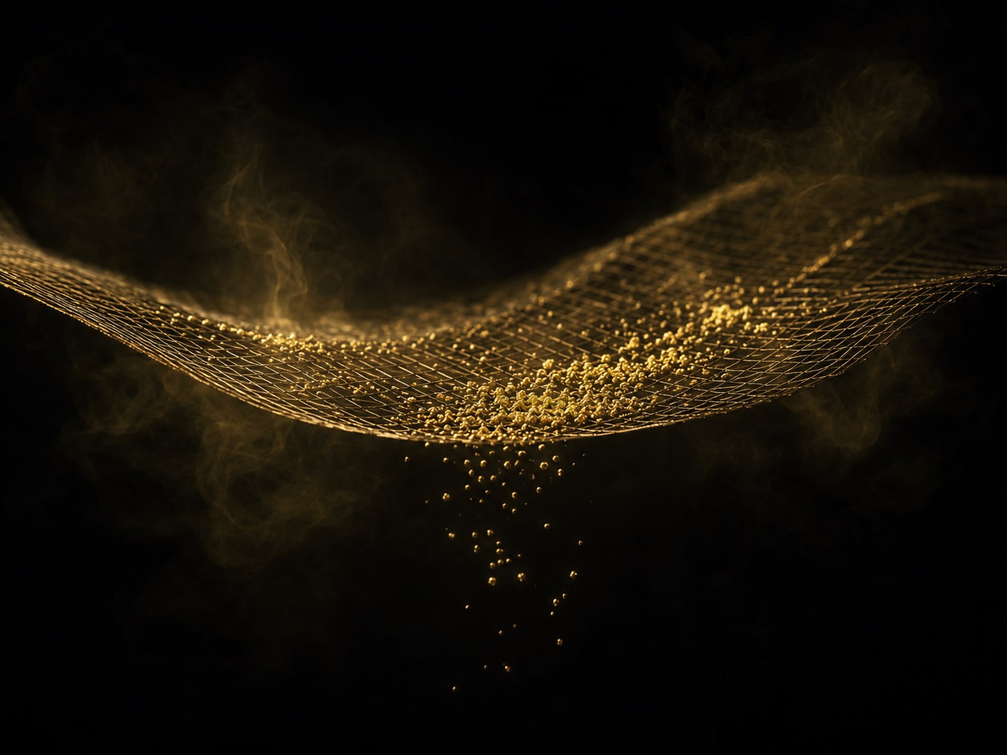 A shallow gold mesh holding a scatter of fine gold grains, with a few grains slipping through the weave and falling into the dark.