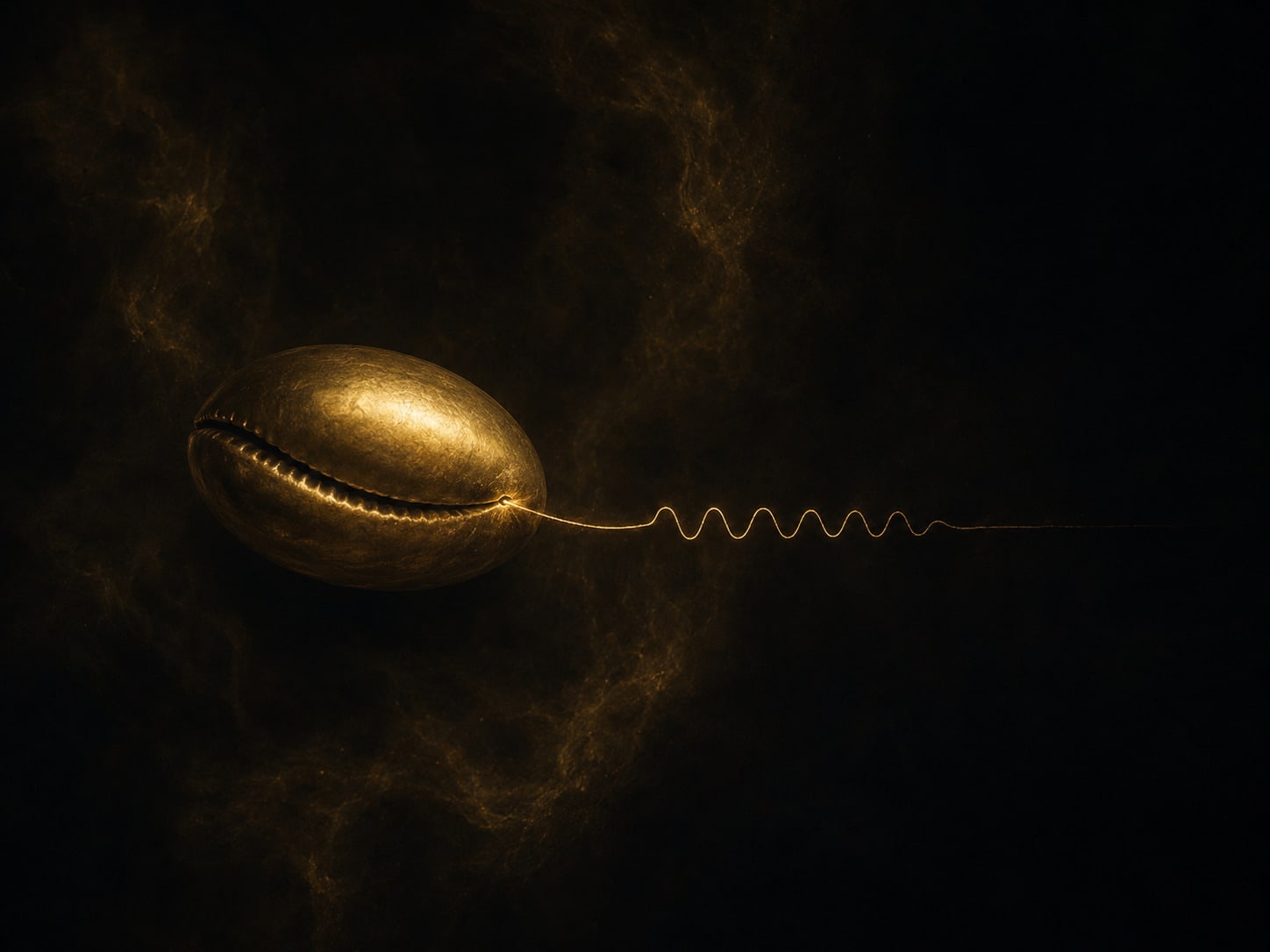 A sealed gold shell with one fine gold thread emerging from inside it, tracing a small regular repeated pattern of turns out into the dark.
