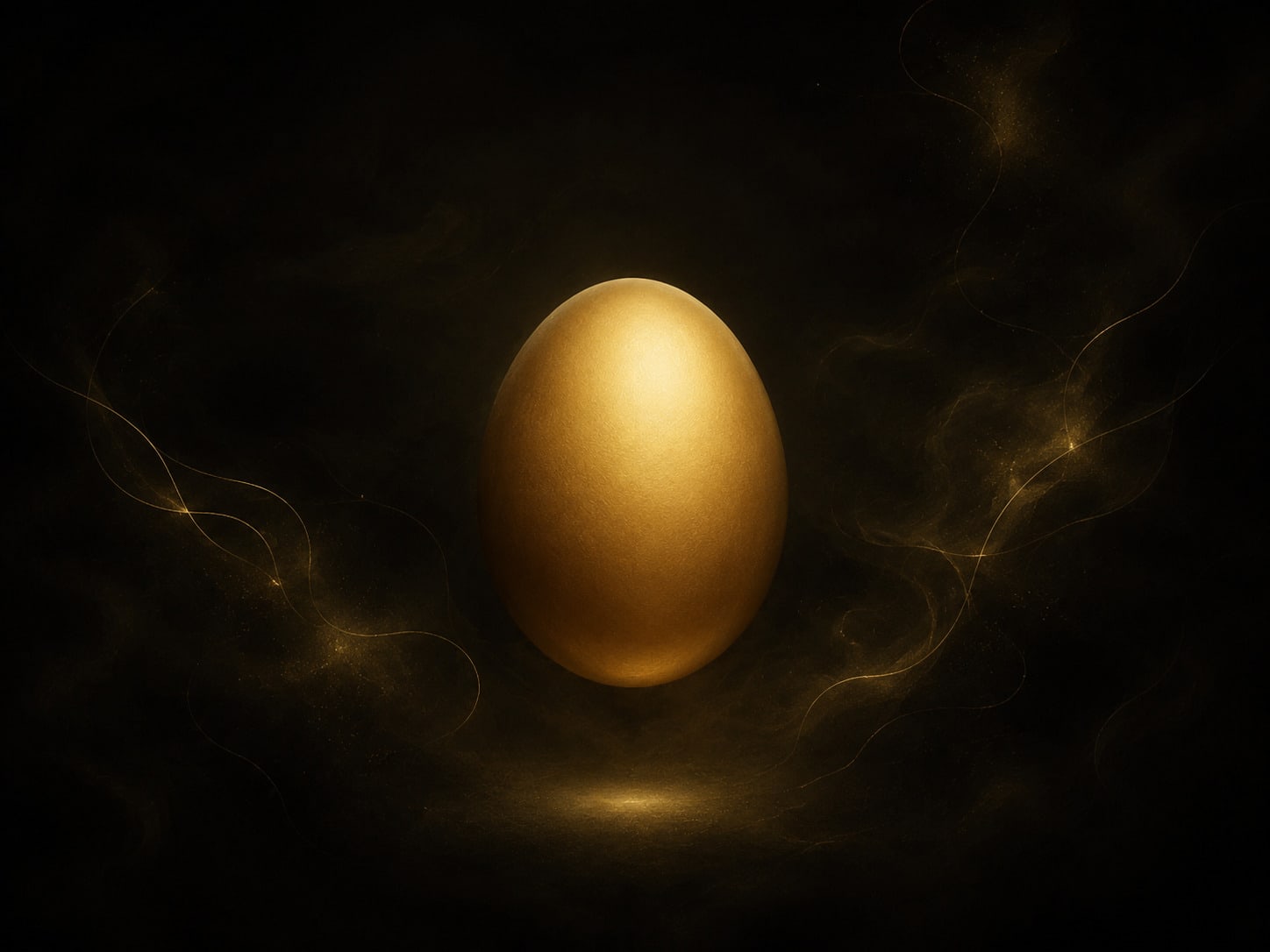 A smooth gold ovoid with no opening, seam, or break anywhere on its surface, lit evenly and softly against deep darkness.