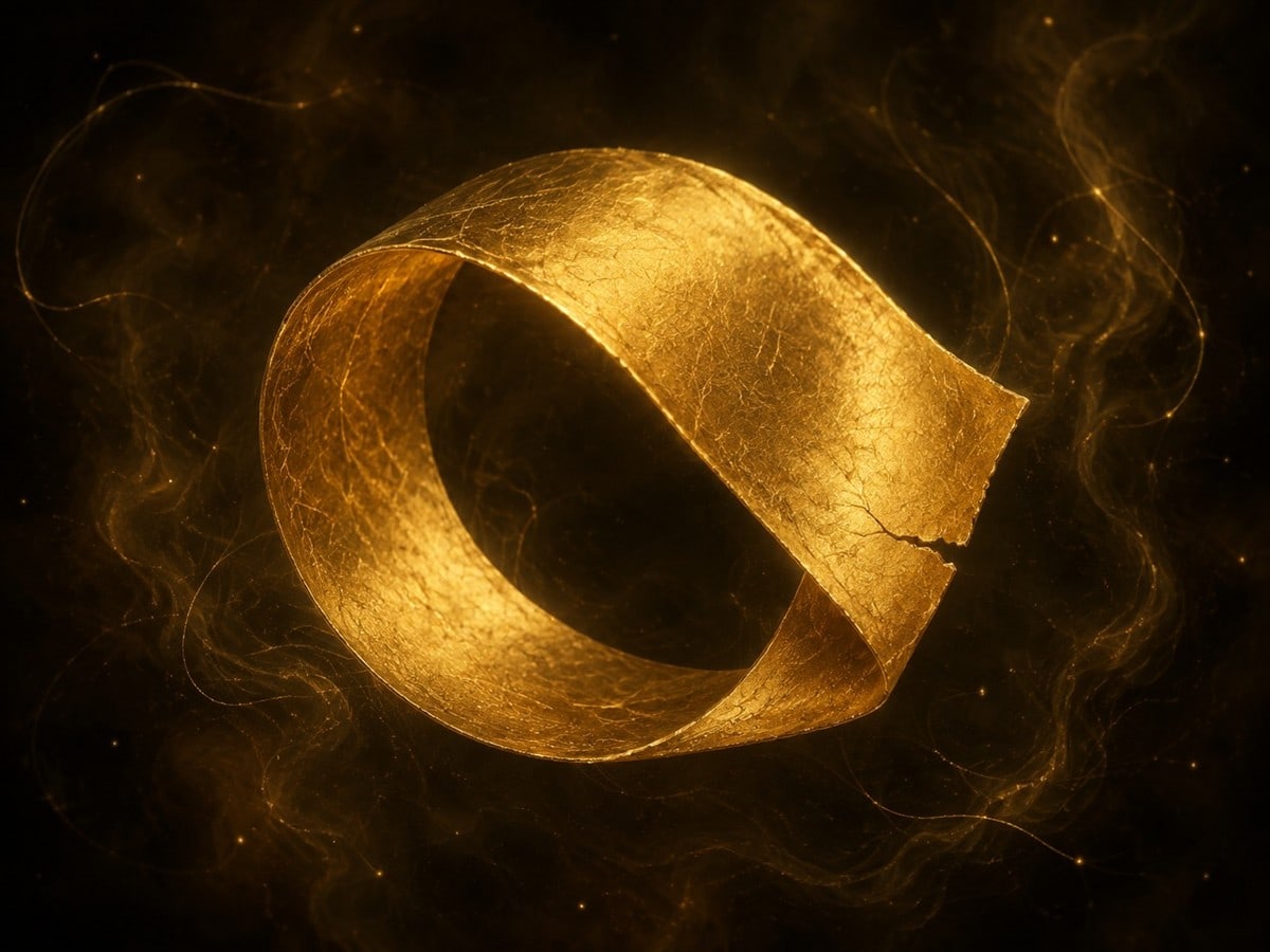 A blank gold ribbon curls into a circular loop in dark haze, with fine gold threads around it.