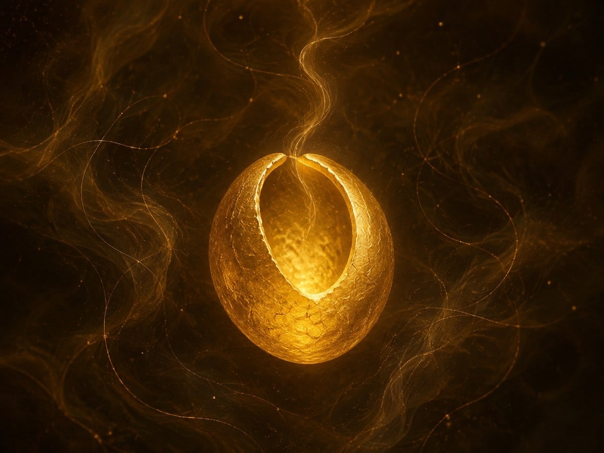 A gold oval shell with a small open seam and softly glowing center floats in a warm smoky darkness.