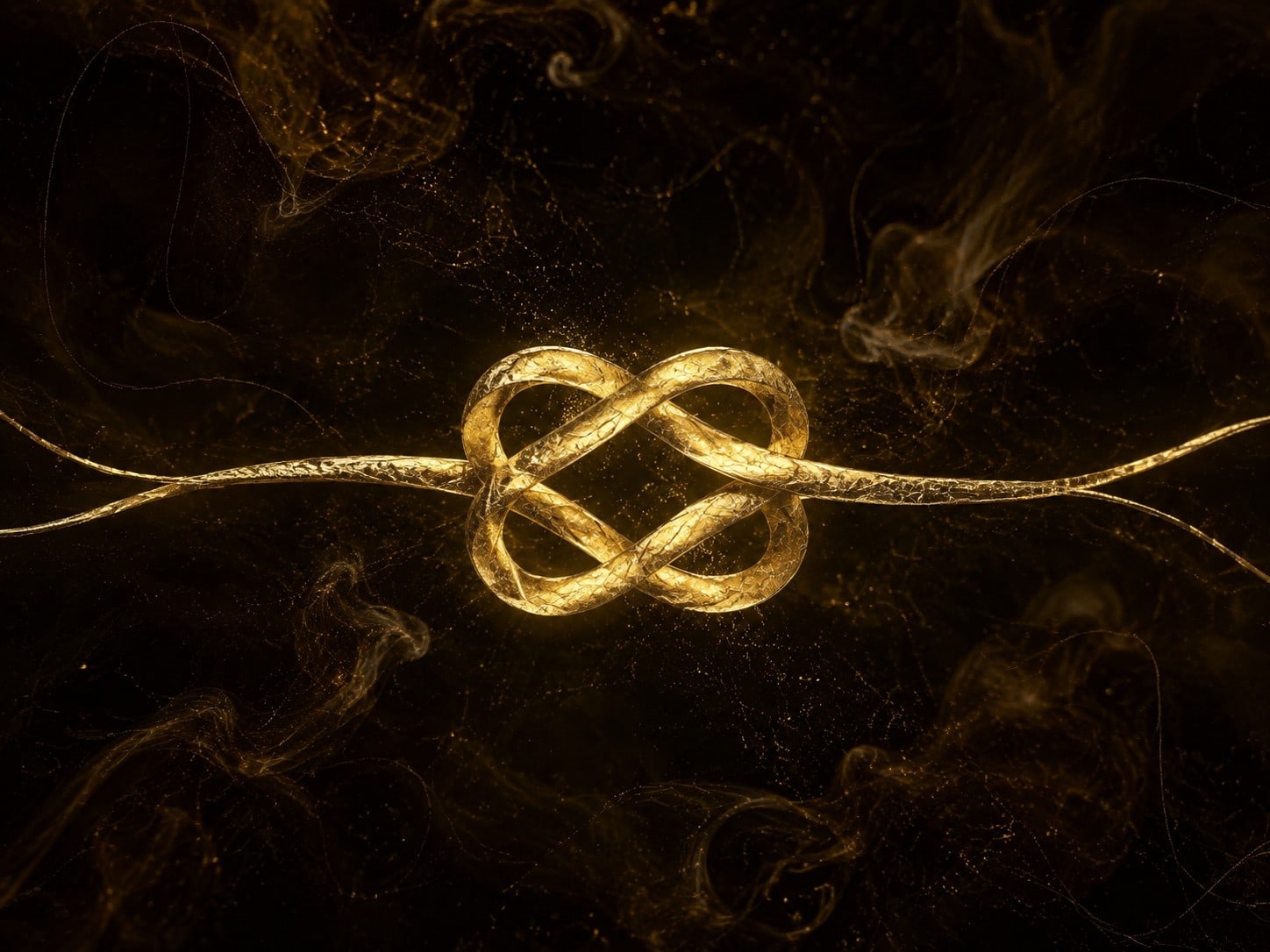 A gold cord knot loosens into a small opening against a dark hazy background.
