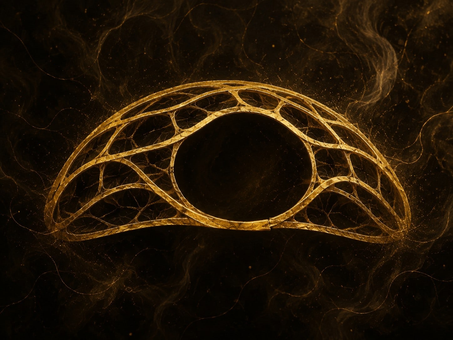 A delicate gold lattice arch surrounds a dark hollow in a hazy black void.