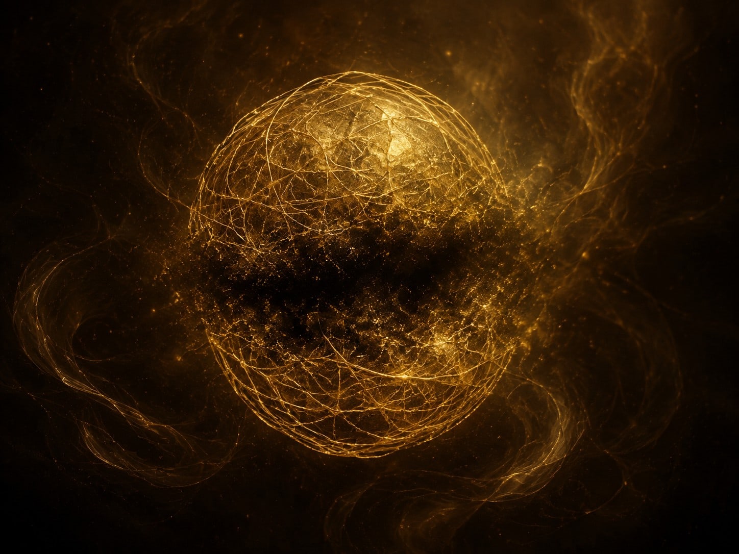 A glowing gold orb of fine threads dissolves through its dark center in smoky space.