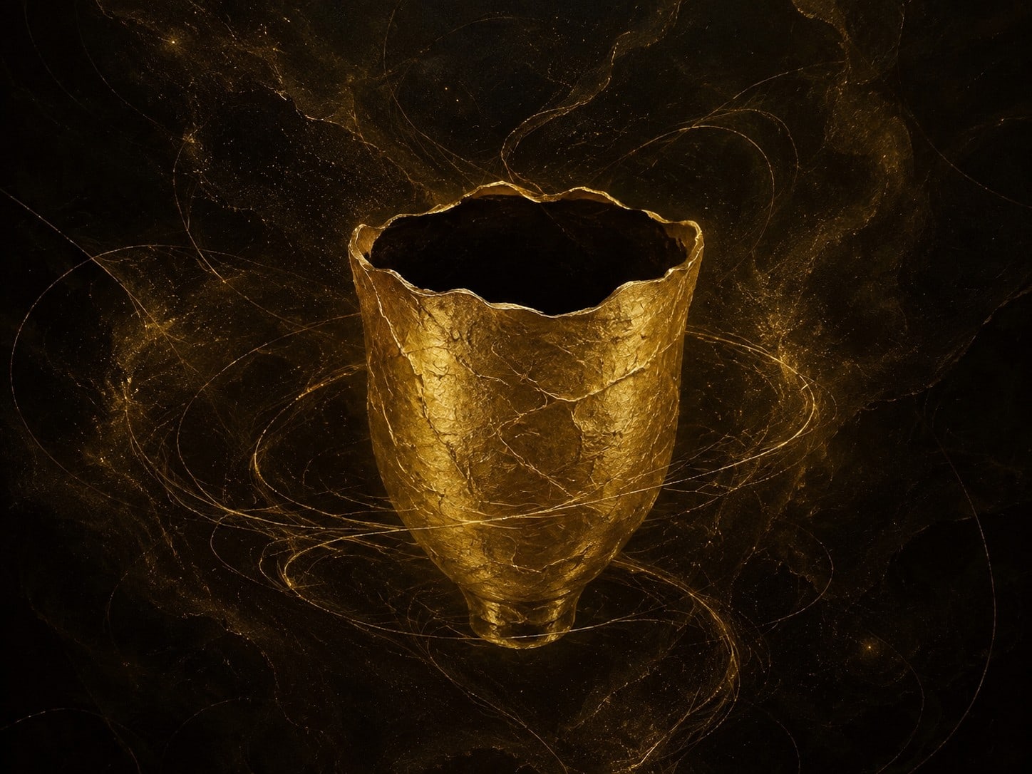 A delicate glowing gold vessel with an empty dark interior floats among fine filaments in smoky darkness.