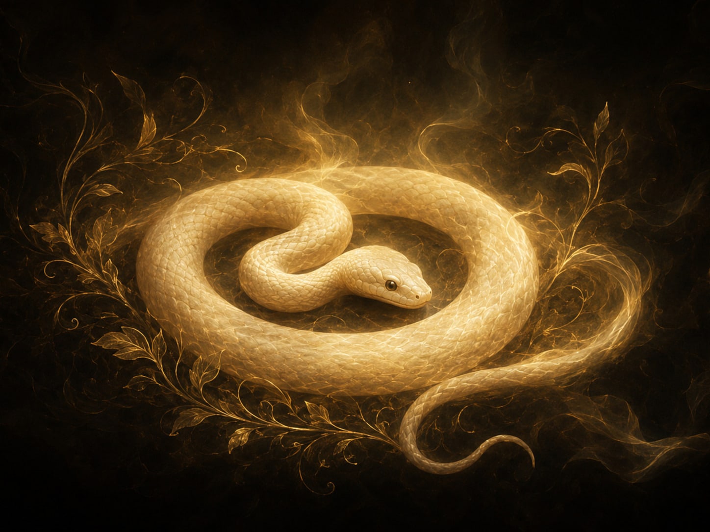 A pale ivory-gold serpent resting in a calm open coil.