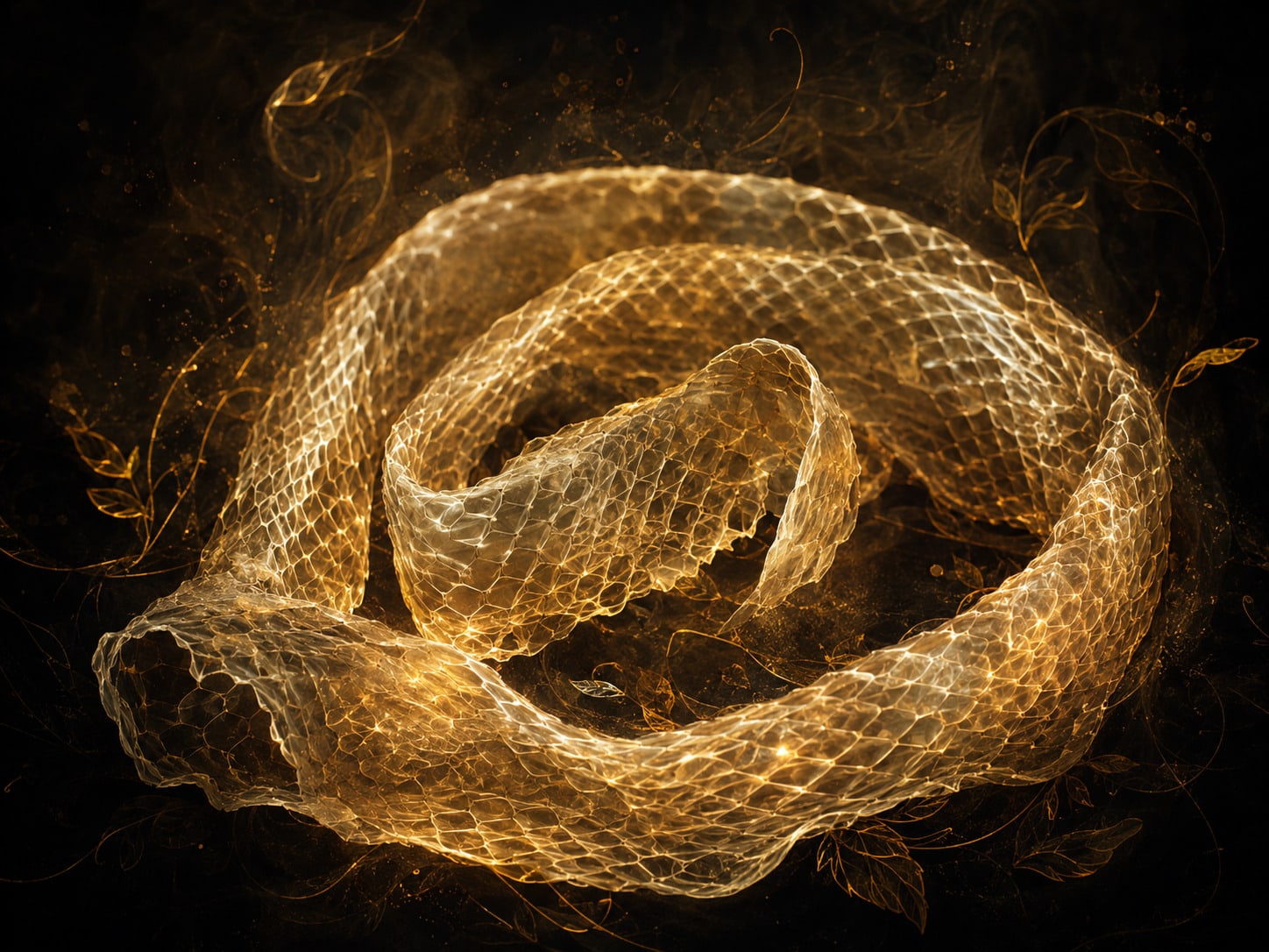 A translucent pale-gold shed snakeskin glowing in a loose spiral.