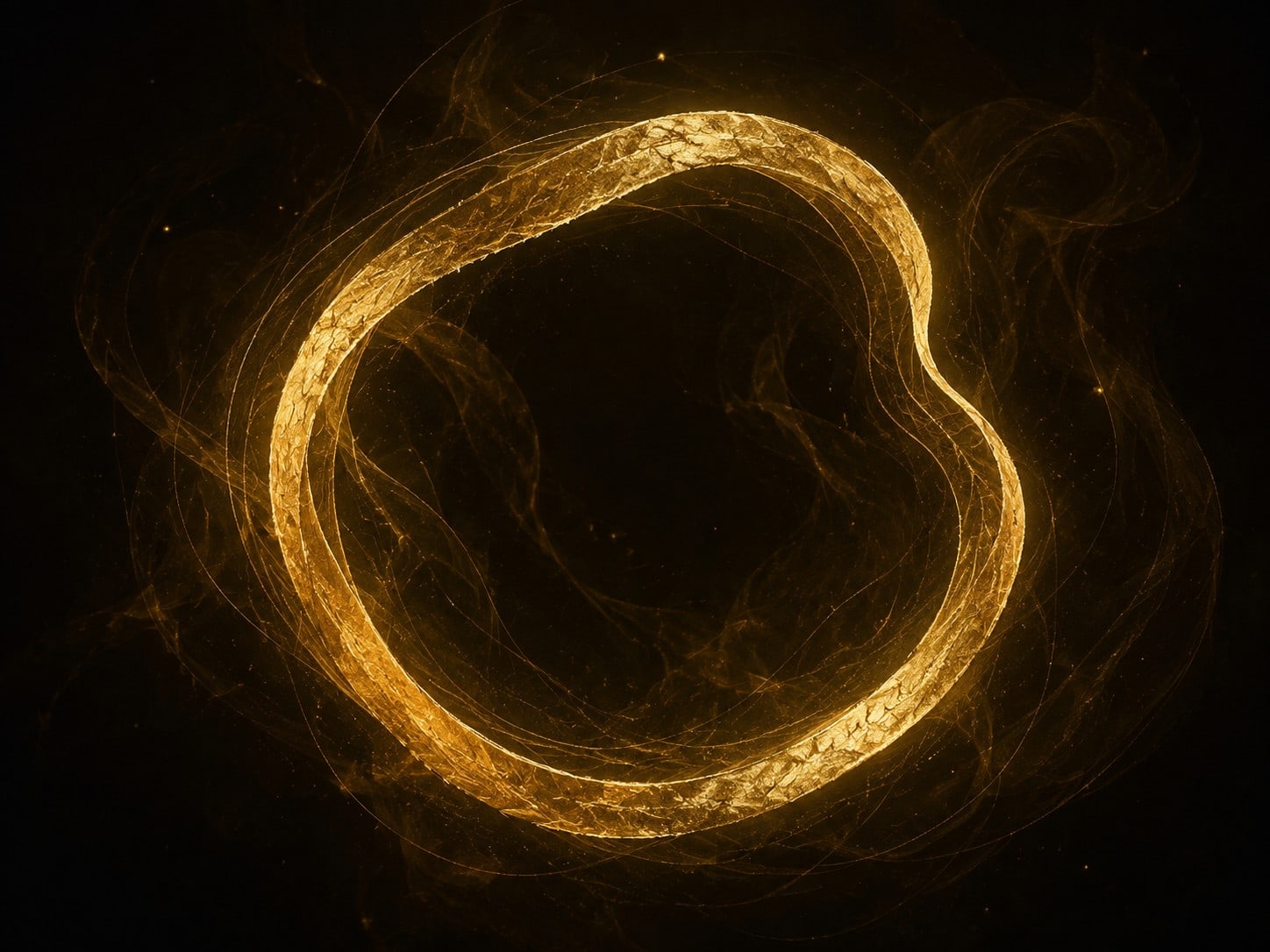 An irregular gold loop almost retraces itself with a faint offset in dark haze.