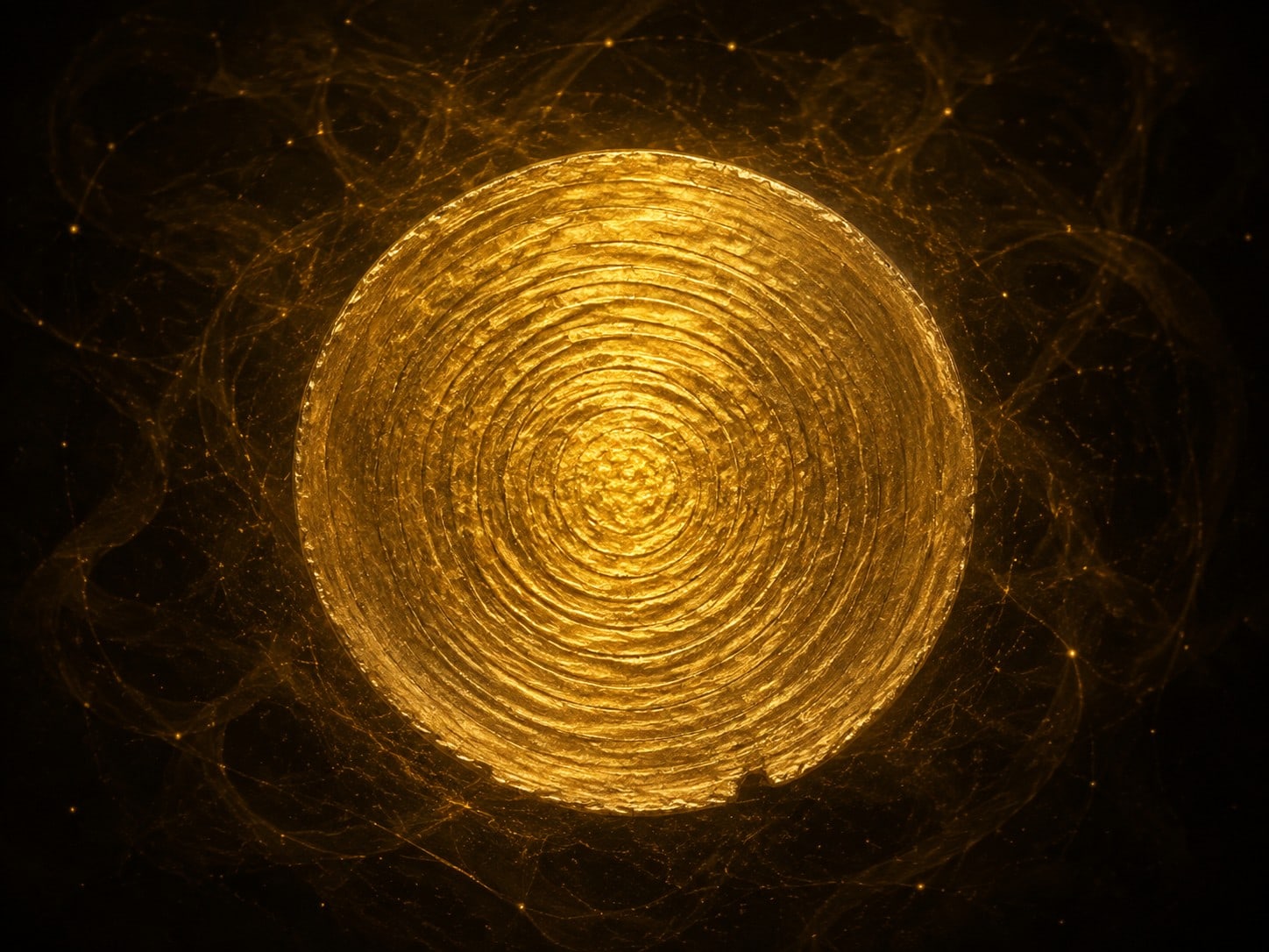 A round gold disc holds layered circular traces that fade into dark haze at its edge.