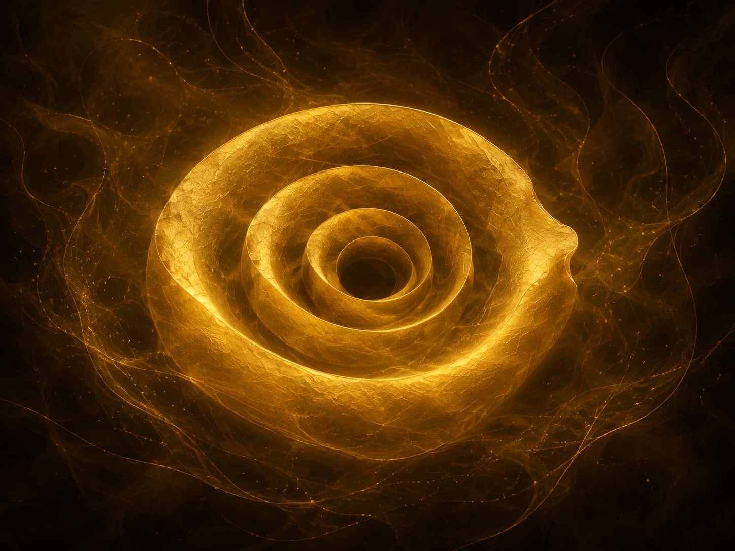 A broad golden spiral with an open center floats in a smoky dark void.