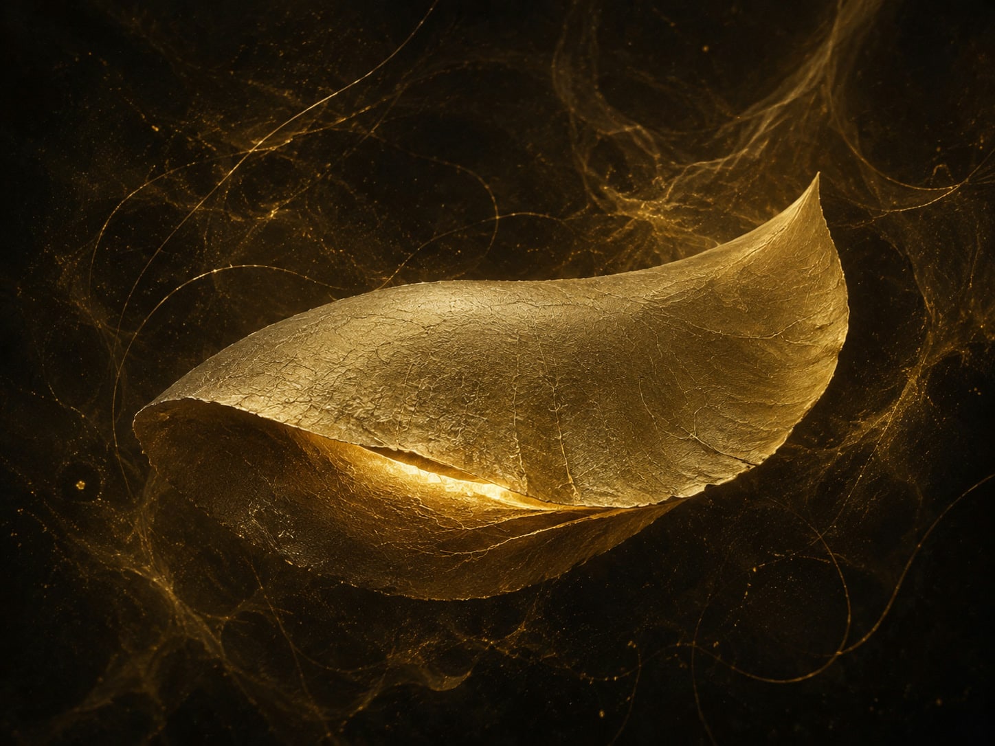 A folded golden membrane opens along a glowing crescent in smoky dark haze.