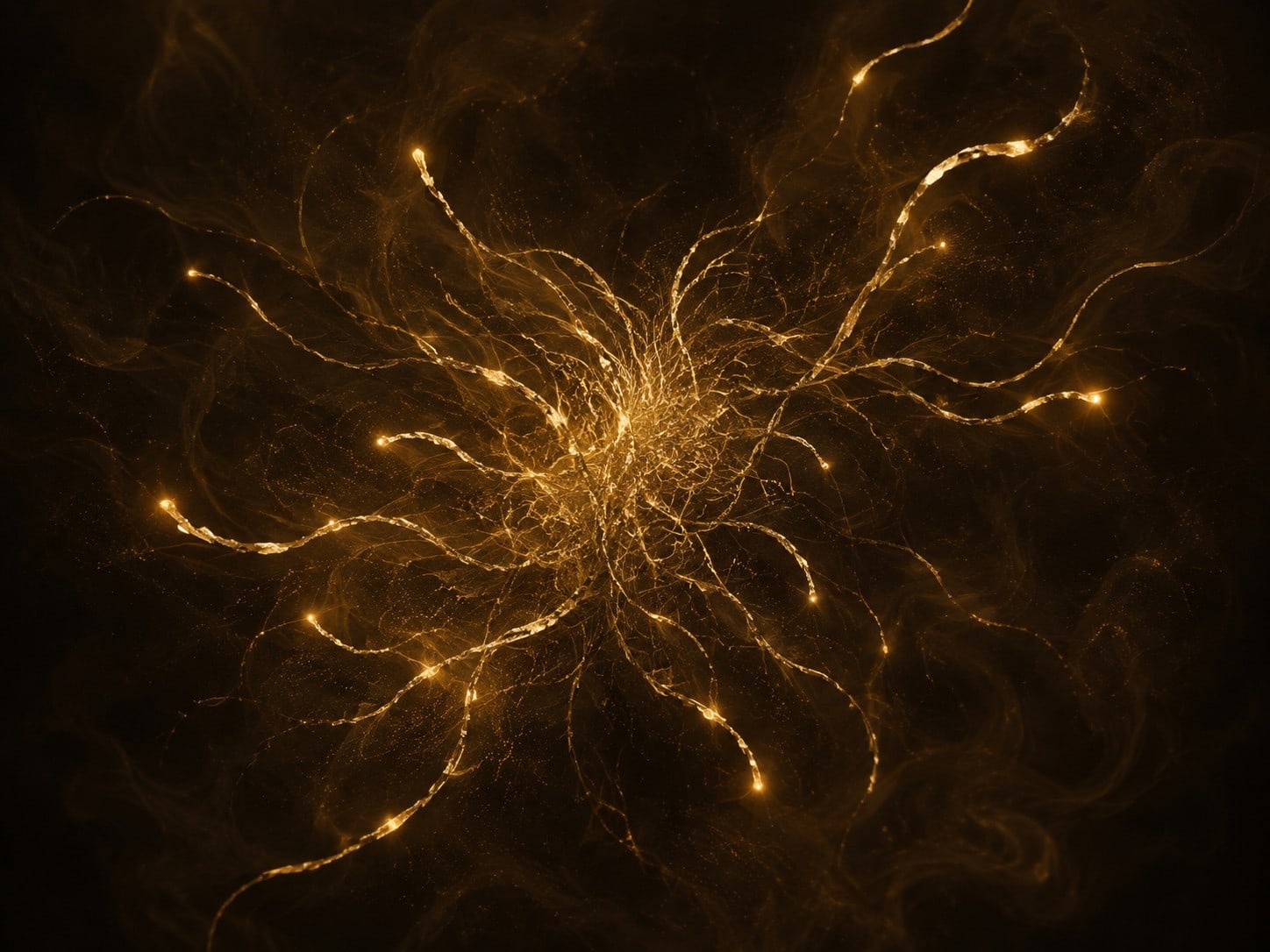 Loose pale gold filaments drift apart in darkness, with several ends glowing more brightly.