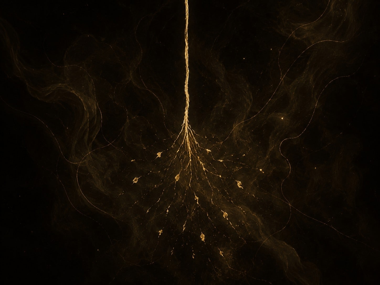 A straight pale gold thread breaks near the center into short fraying filaments against a dark background.