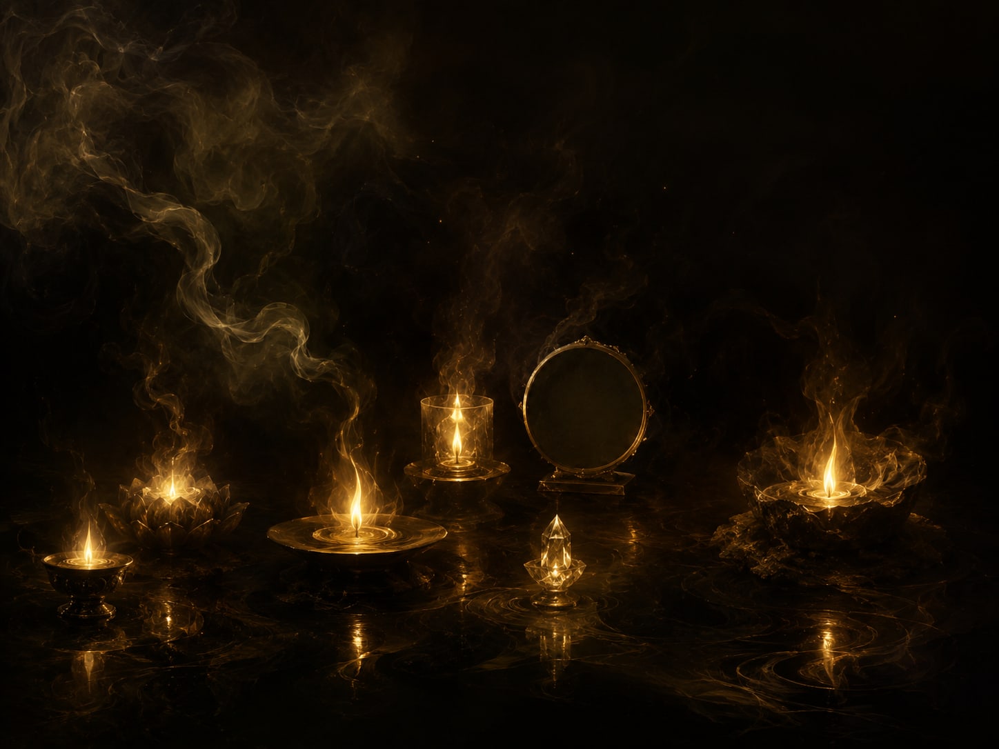 Several small gold flames of different sizes gathered together in the dark.