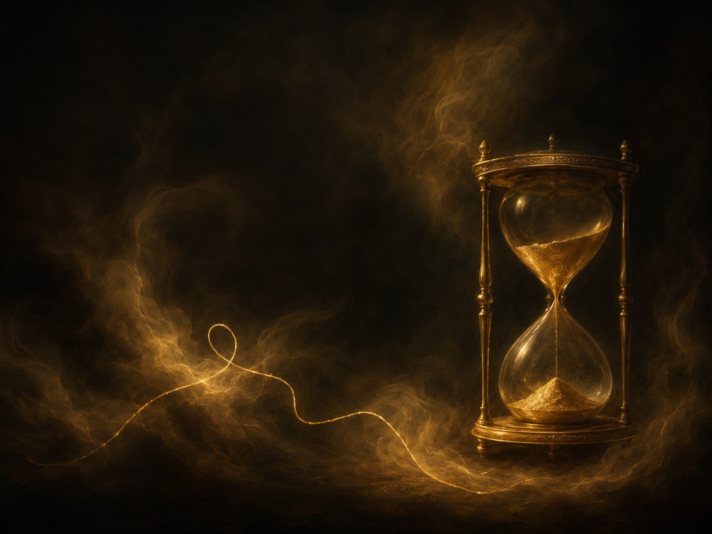 A gold hourglass and a looping gold thread emerging from smoke.