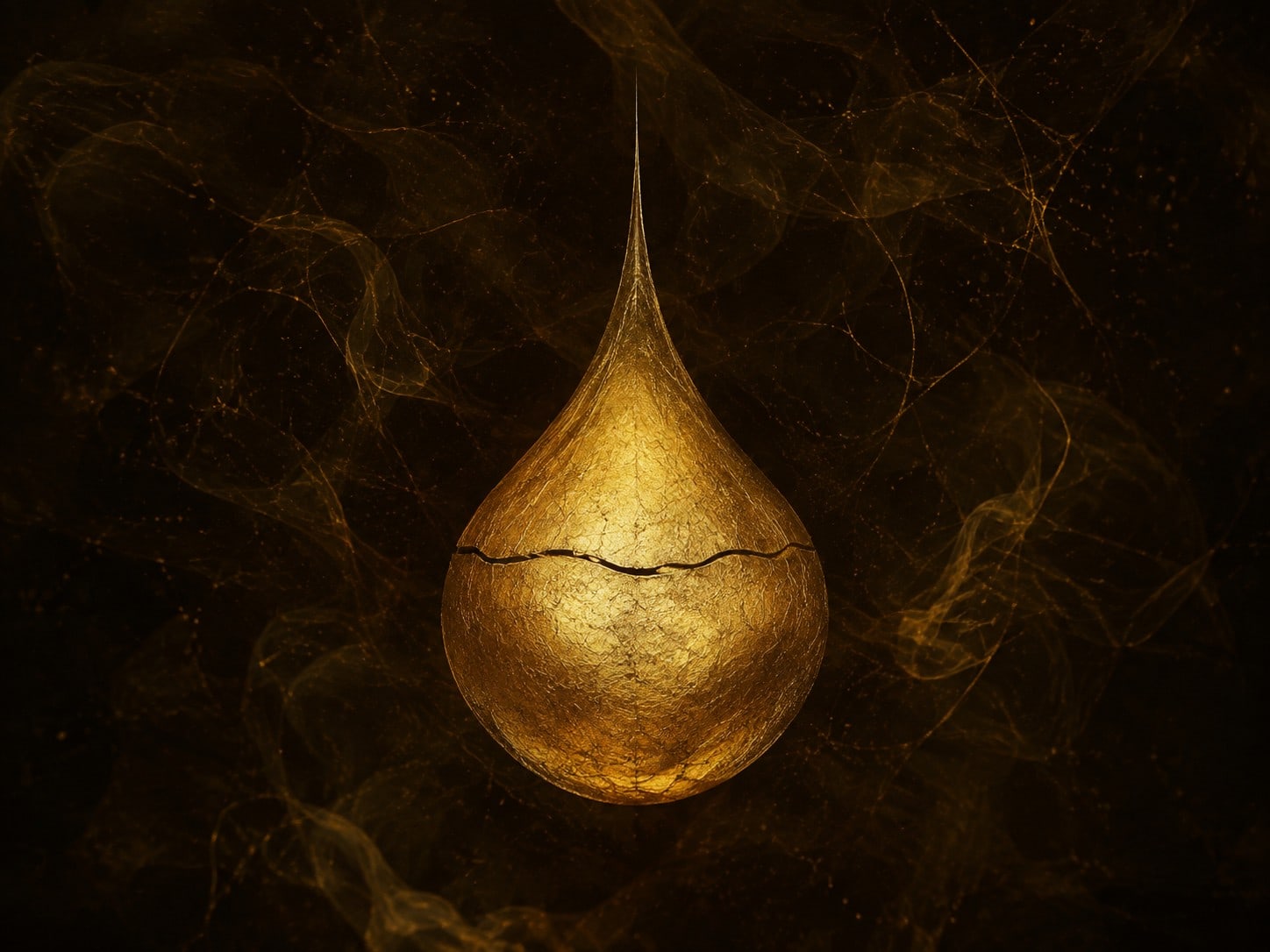 A textured gold droplet with a thin dark seam floats in smoky near-black space.