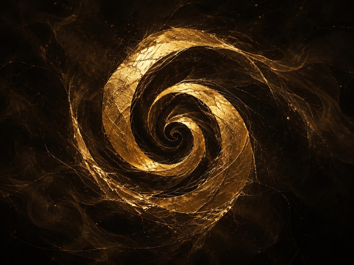 A textured gold spiral curling into a dark center floats in smoky near-black space.