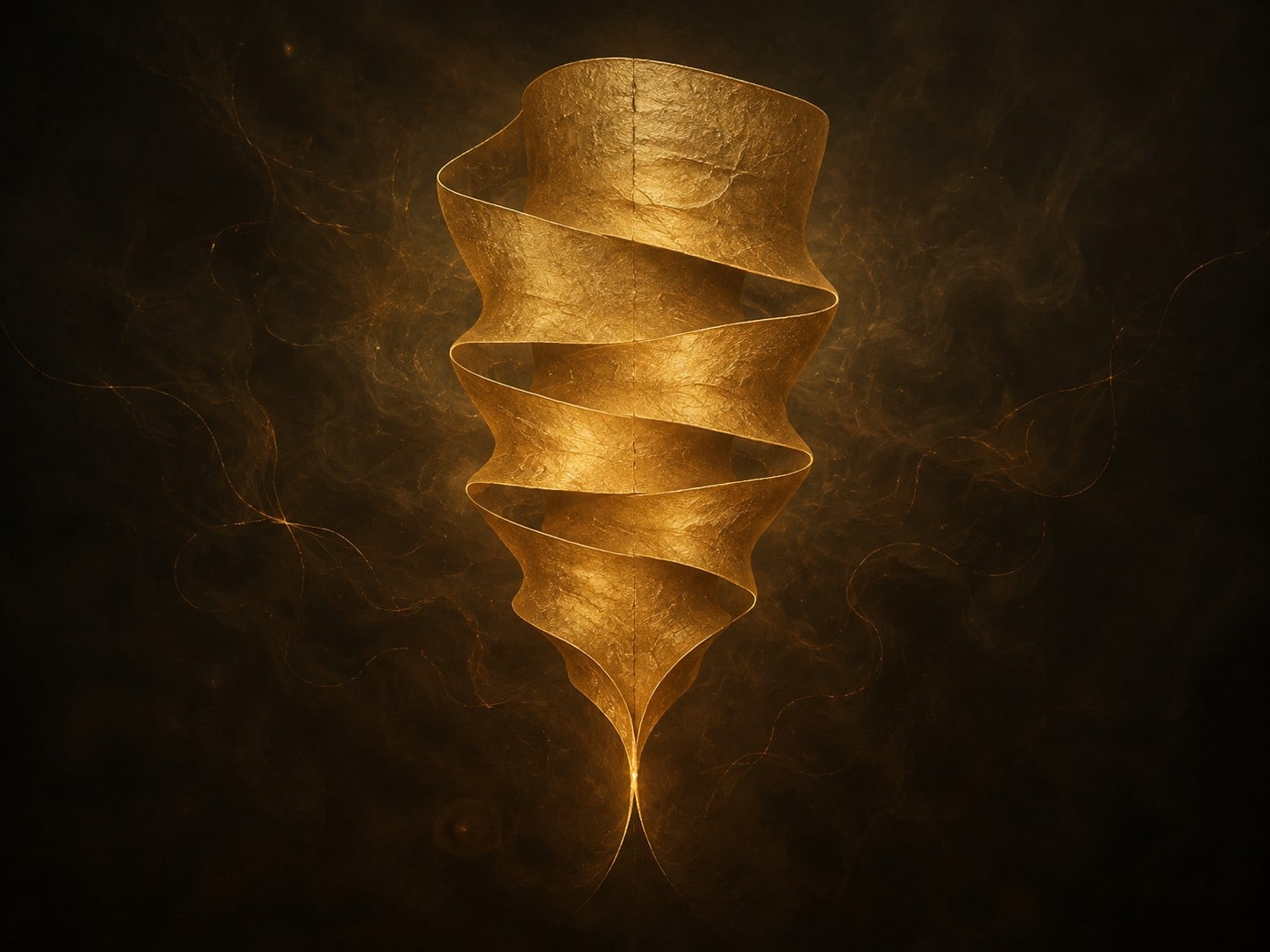 One broad gold ribbon descends in slow packed folds into a narrow point, suspended in warm near-black haze with smoke tendrils and drifting gold filaments.