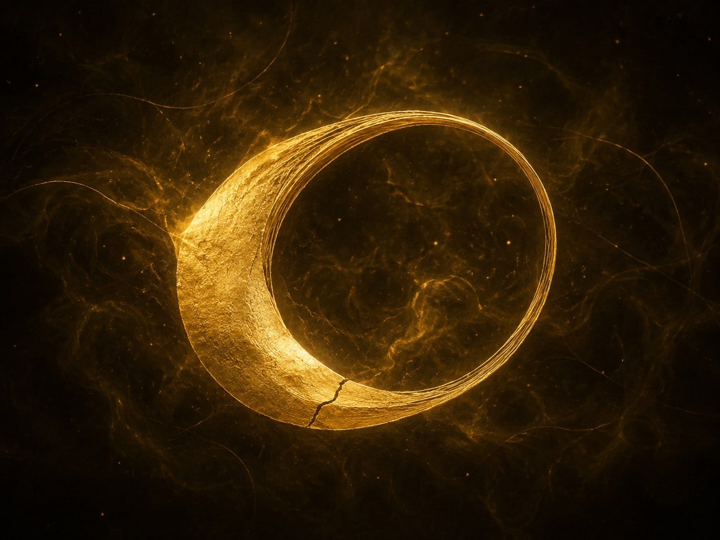 A single tilted gold ring formed from one dense band and one thin open band, self-luminous beaten leaf with irregular grain veining and a small crack, floating in warm near-black haze.