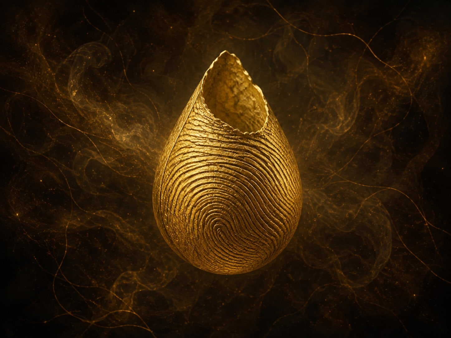 A teardrop-shaped gold vessel marked with fine swirling ridges floats in smoky brown-black darkness.