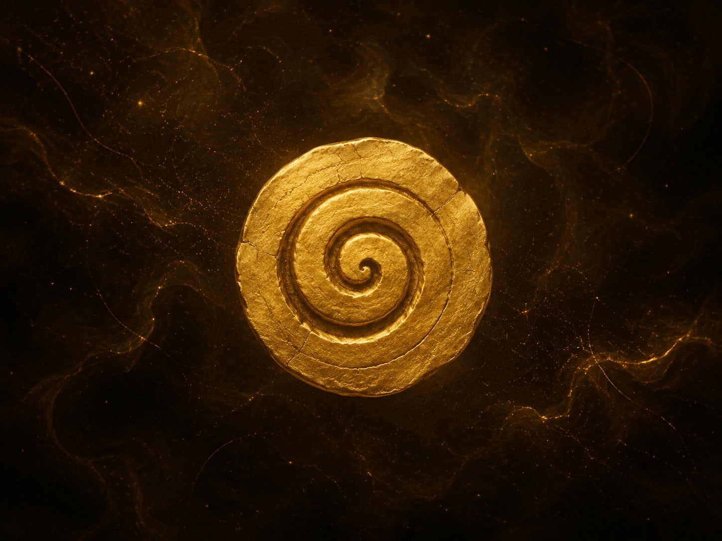 A cracked round gold medallion with a deep spiral groove floats in hazy brown-black darkness.