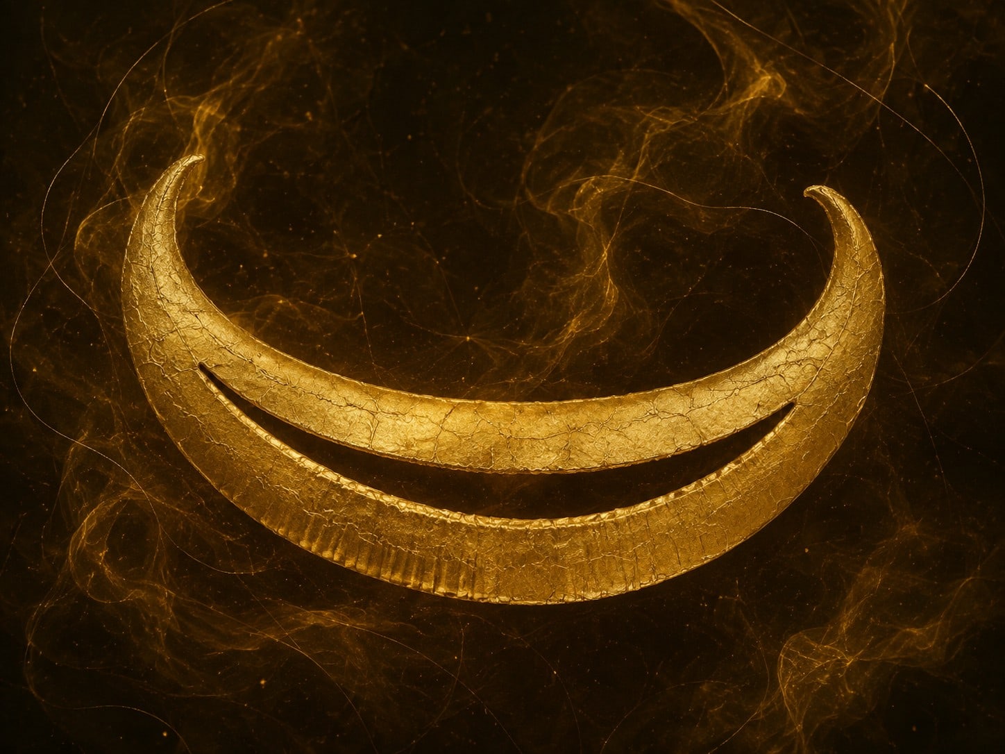 A curled crescent-shaped gold emblem with a dark central slit floats in a smoky void.