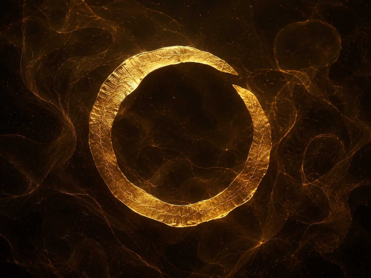 An incomplete thin gold loop with a narrow opening floats in a dark smoky haze.