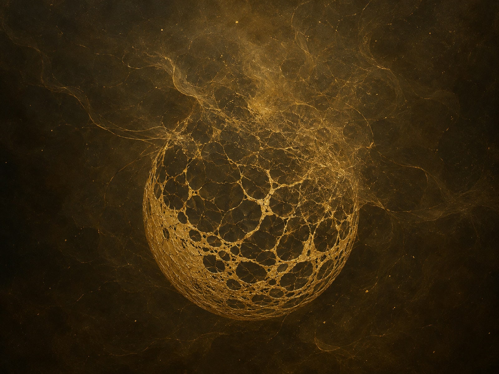 A delicate gold lattice sphere fades into smoke and dust at its top.