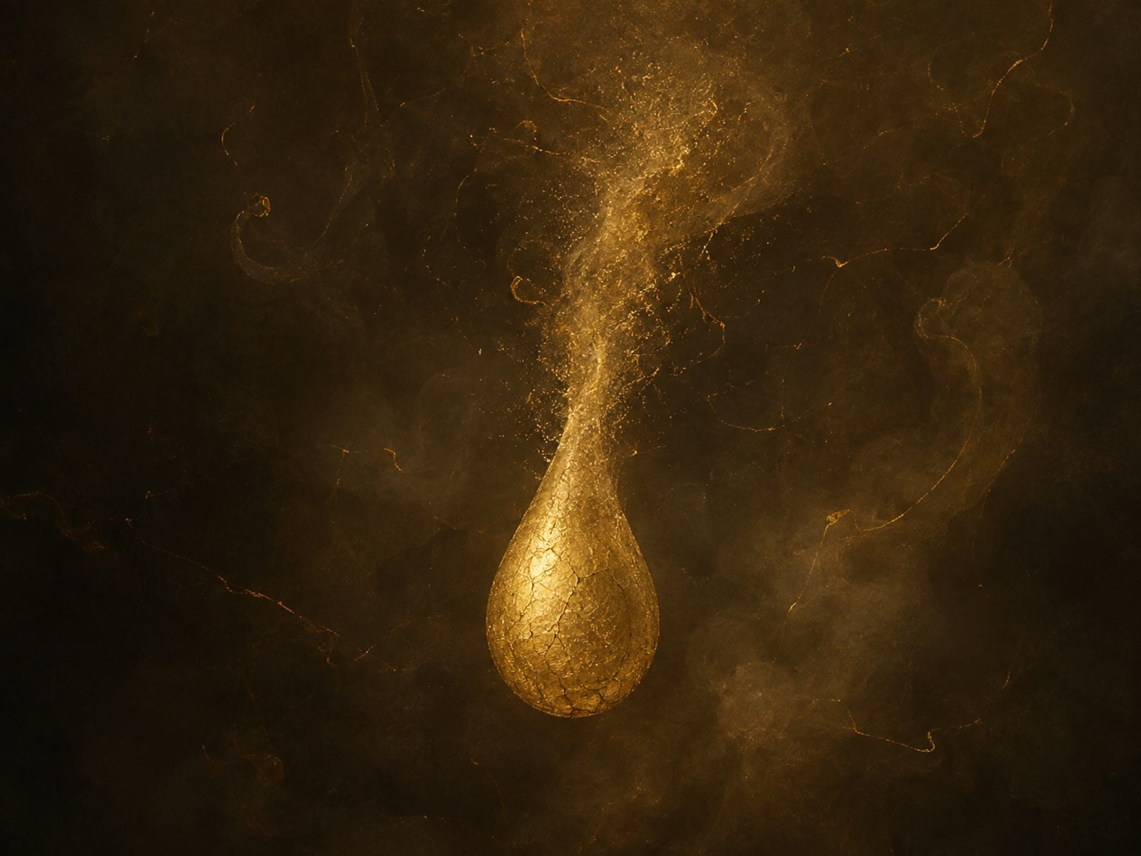 A glowing gold droplet dissolves into smoke and fine particles.