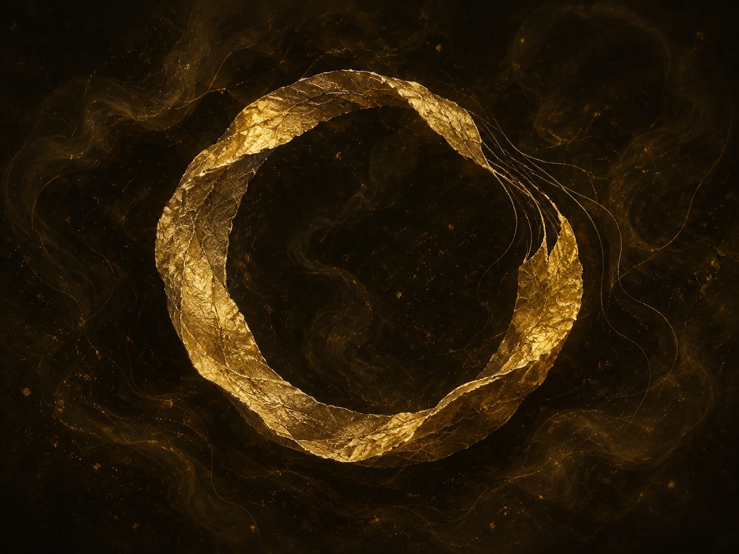 An incomplete circular ribbon of textured gold floats in a warm black haze, with fine gold filaments trailing from its break.