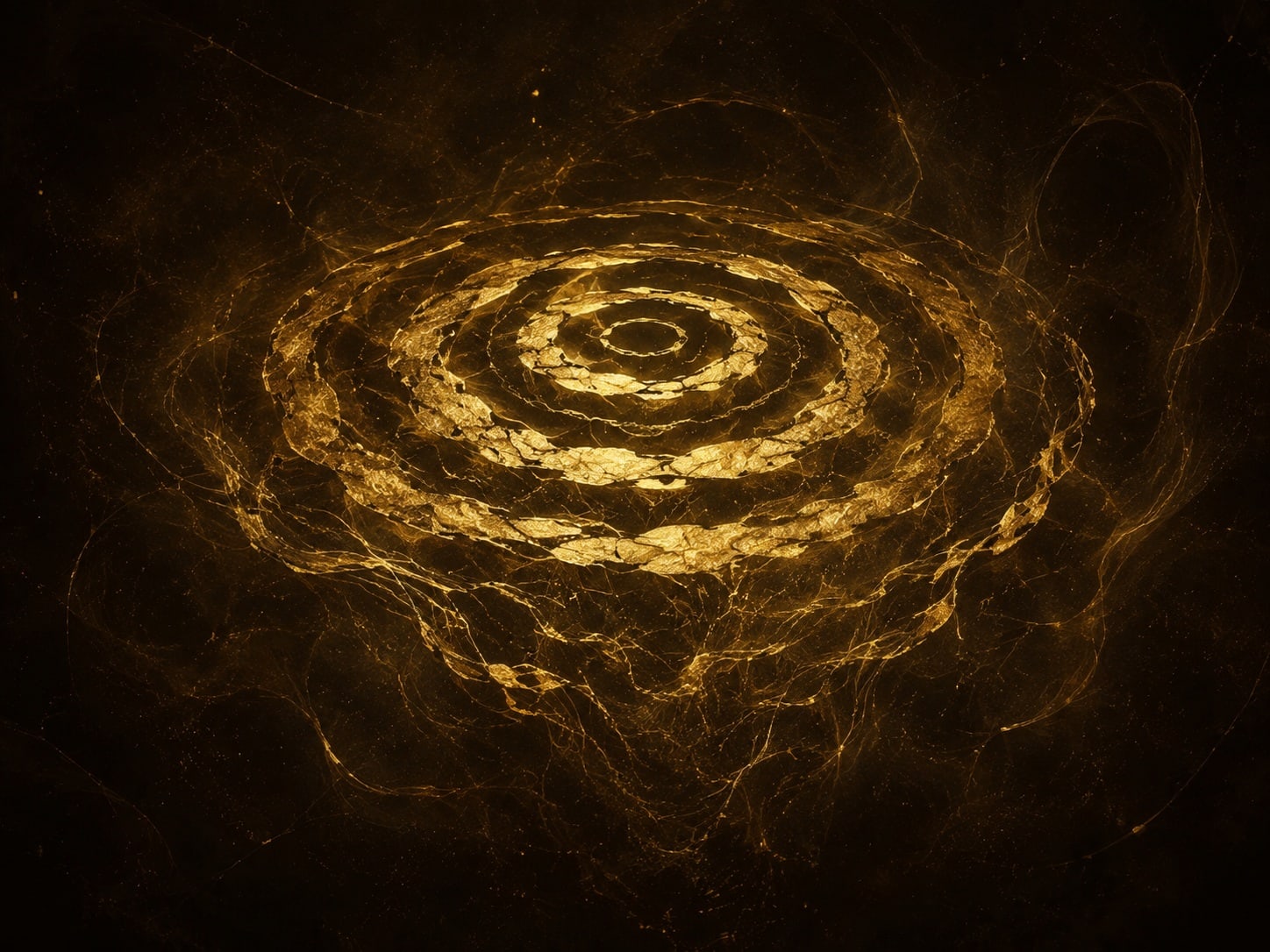 Irregular concentric gold ripple rings float in a warm black haze with fine gold threads and dust.