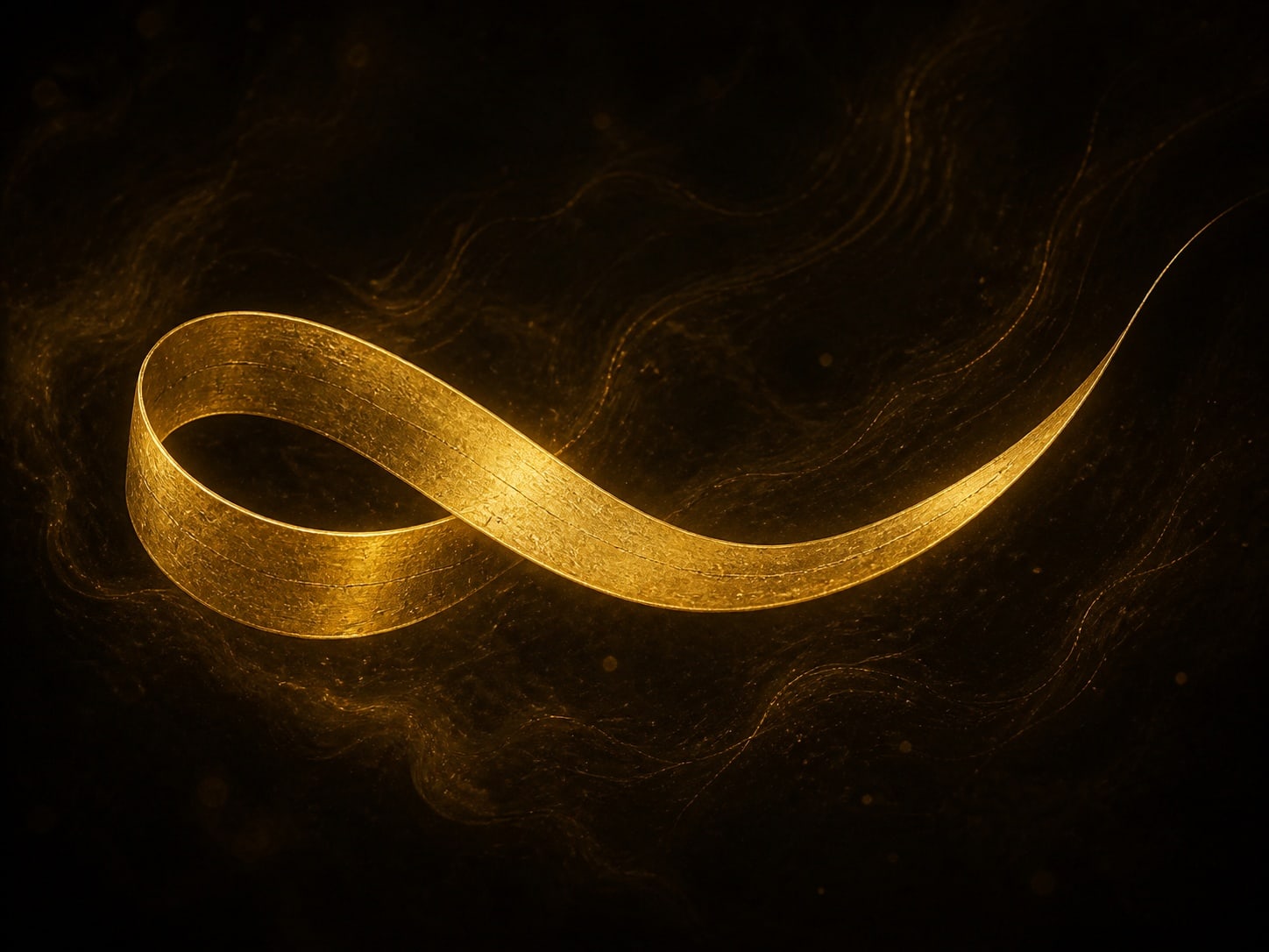 A curved hollow gold ribbon with a tapered streaming end floats in warm dark haze.