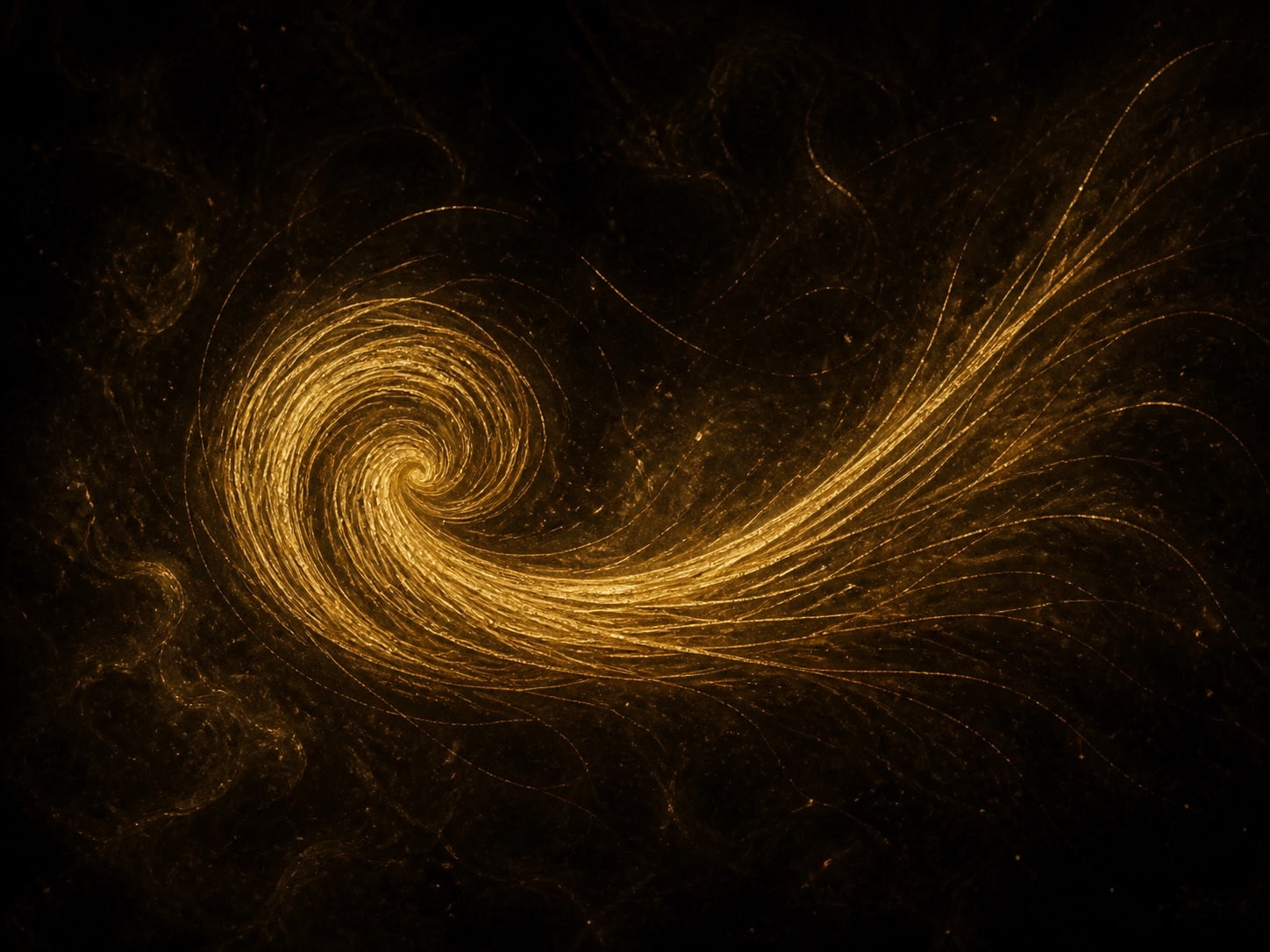 A compact spiral of fine glowing gold strands sweeps outward in a hazy dark background.