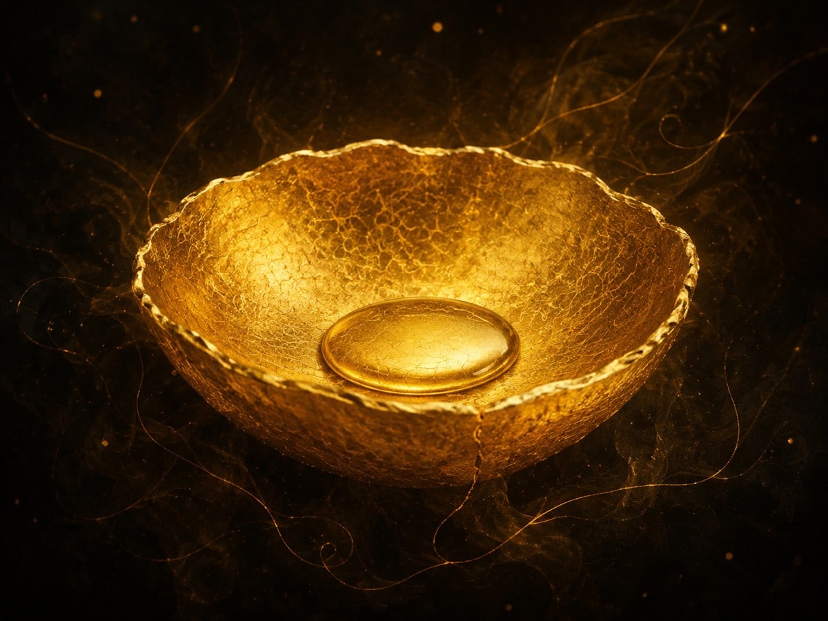 A shallow uneven gold bowl holds a single pooled gold droplet in a dark hazy background.