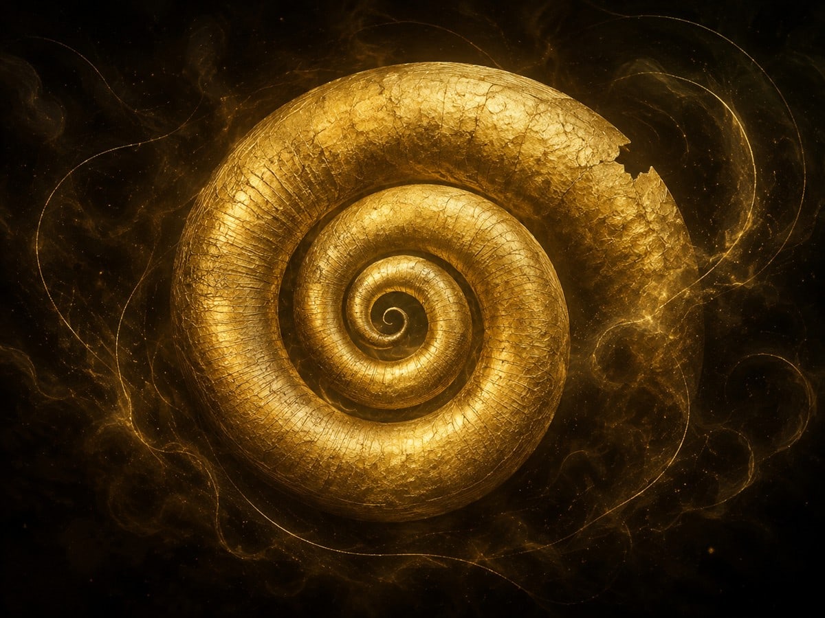 A glowing gold spiral form with fine rings and a small open center floats in a dark hazy background.