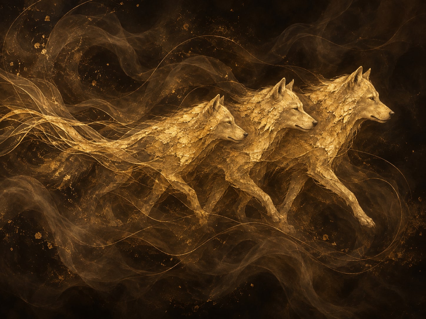 Three small gold wolves travel together in a close line through smoky dark space, with braided gold strands trailing behind.