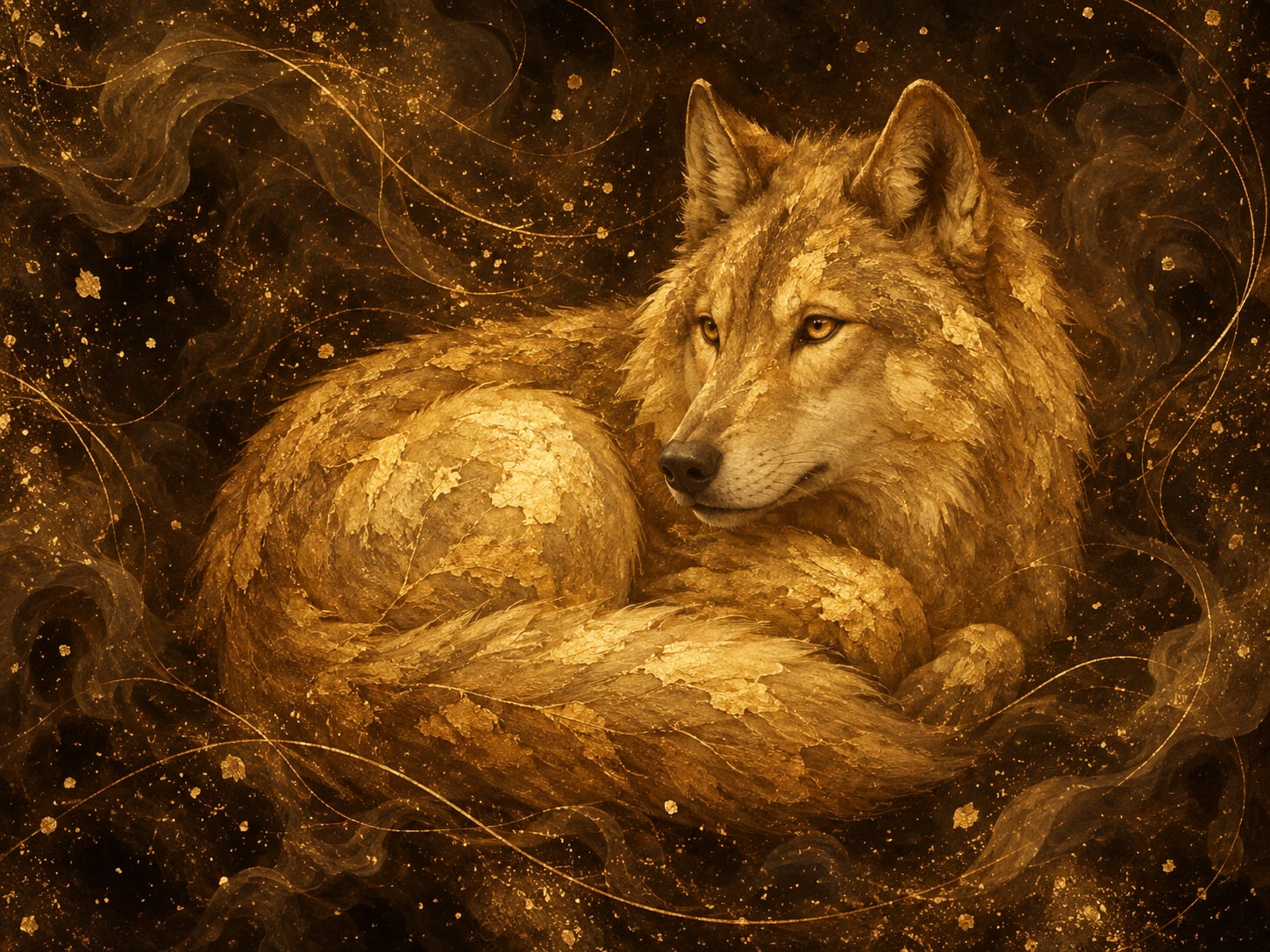 A curled gold wolf with raised head and open eyes rests amid gold dust and smoky darkness.