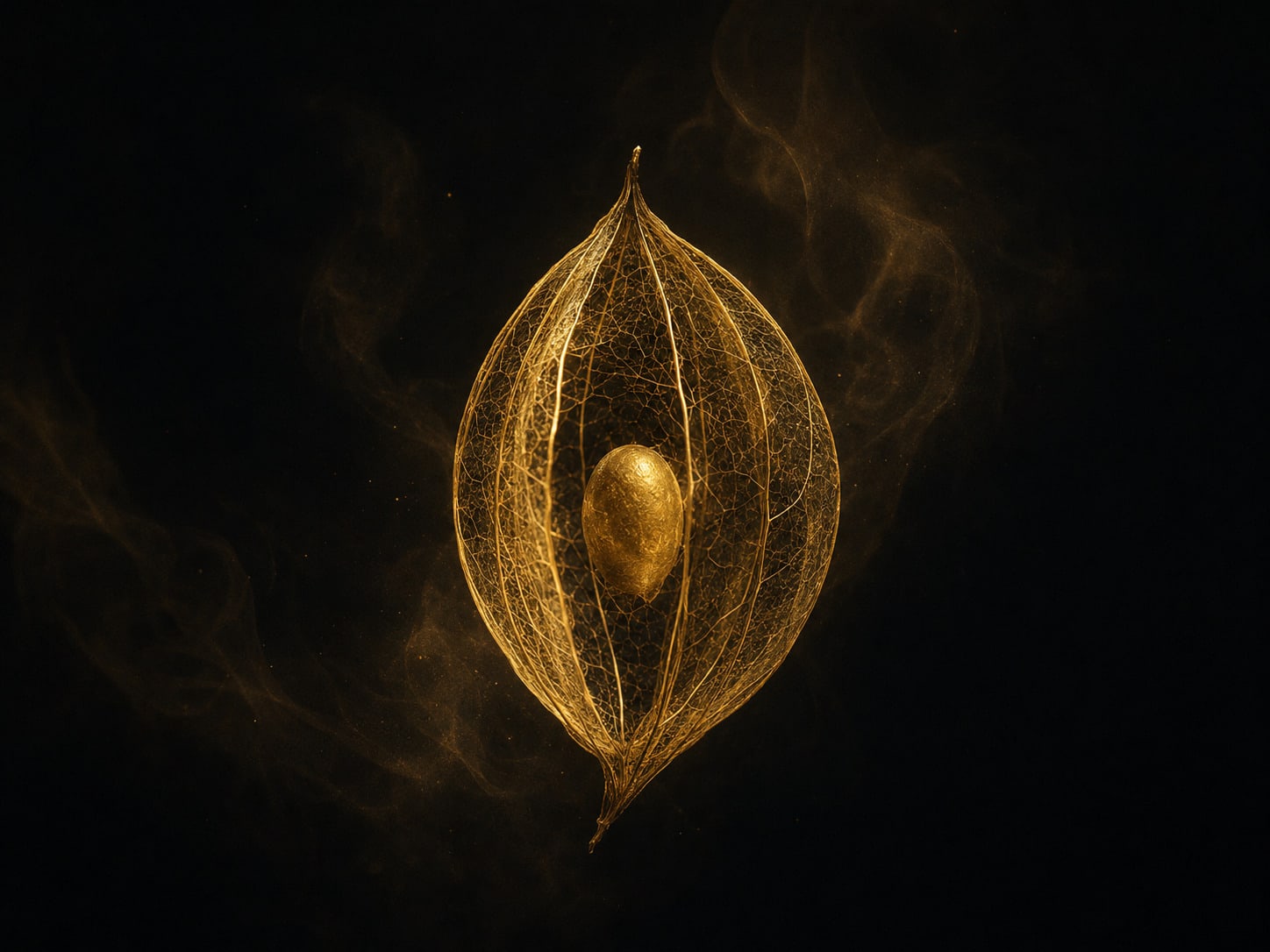 A closed gold seed pod with a transparent shell, its single seed glowing softly at the centre and casting light outward through the walls.