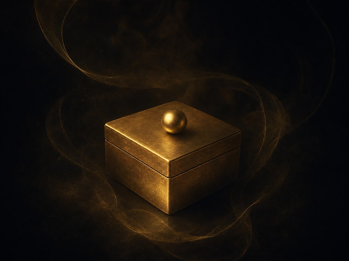 A small closed gold box with its seam still sealed and its walls gone clear, one plain gold object resting visibly inside.