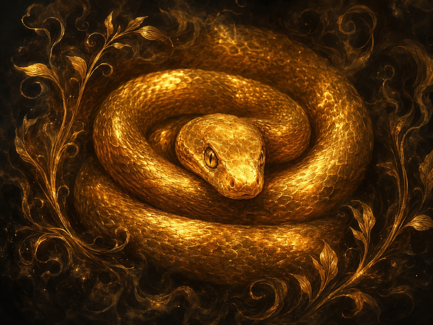 An amber-gold serpent resting in a tight, watchful coil.