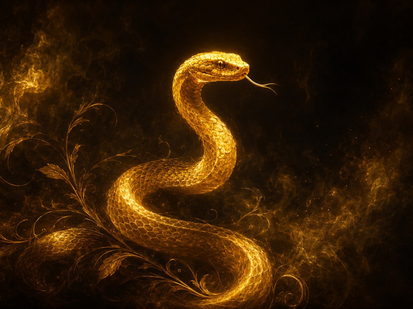 A bright amber-gold serpent with head raised, alert and watchful.
