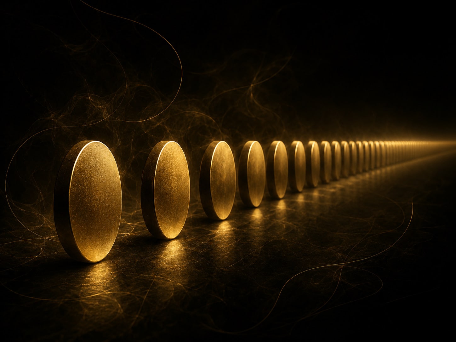 A long evenly spaced line of identical smooth gold markers receding into darkness until they blur.